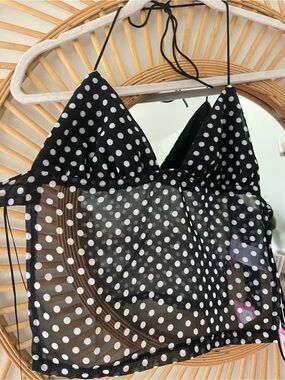 Edikted Black and White Polka Dot Sheer Tankini Top with Pink Tag